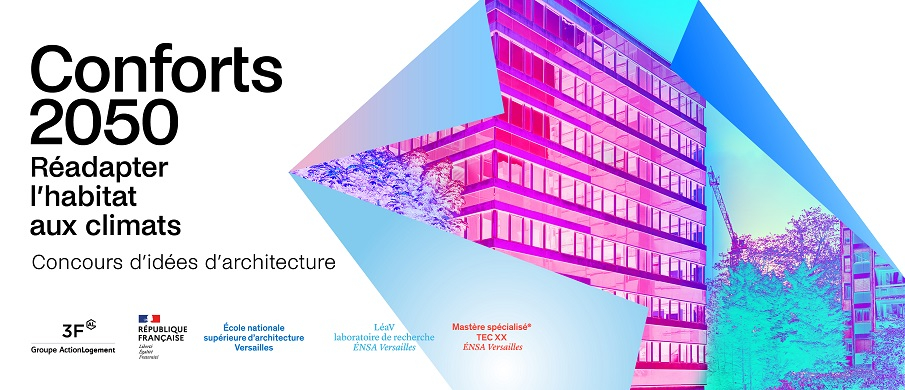 Affiche du concours Conforts 2050. A droite un bâtiment bleu et rose sur un papier plié comme un origami.