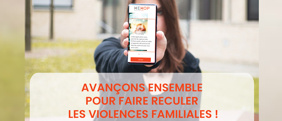 Affiche de la campagne d'information sur l'application HeHop "Avançons ensemble pour faire reculer les violences familiales"