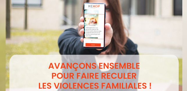Affiche de la campagne d'information sur l'application HeHop "Avançons ensemble pour faire reculer les violences familiales"