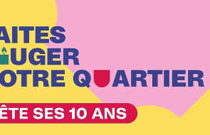 Sur un fond jaune, il est écrit "Faites bouger votre quartier fête ses 10 ans". Une bougie remplace le "o" de bouger.