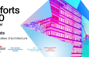 Affiche du concours Conforts 2050. A droite un bâtiment bleu et rose sur un papier plié comme un origami.